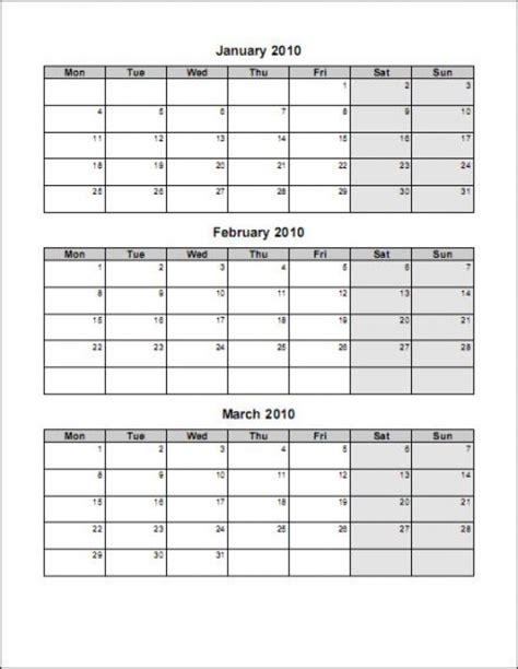 Three Month Calendar Template