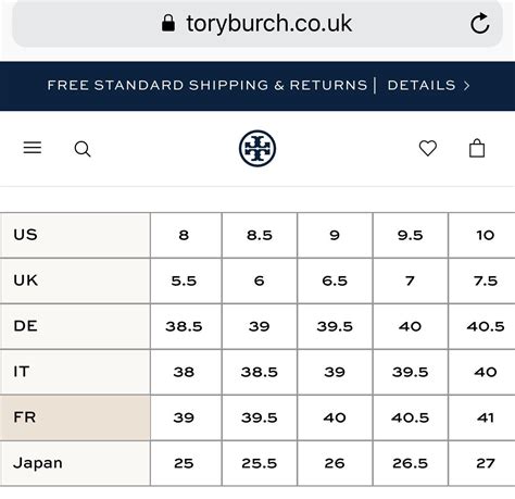 Tory Burch Shoes Size Chart