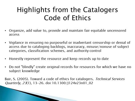 Toward A Code Of Ethics For Cataloging