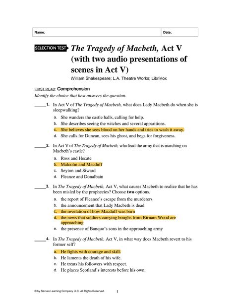 Tragedy Macbeth Act 5 Selection Test Answers Reader