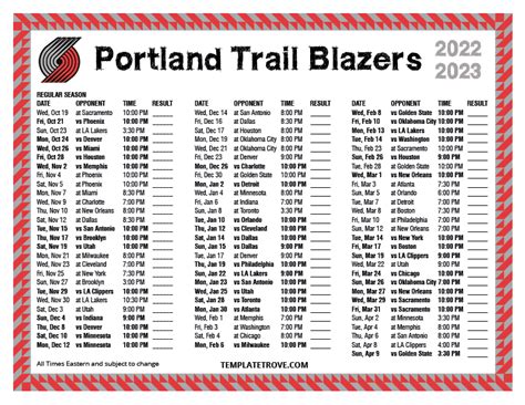 Trail Blazers Schedule Printable