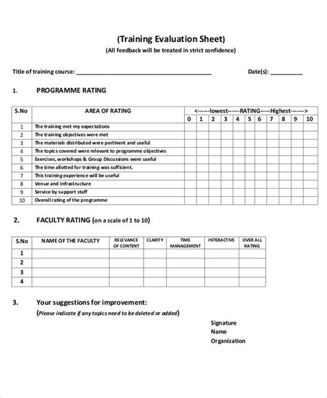 Training Evaluation Sheet Template