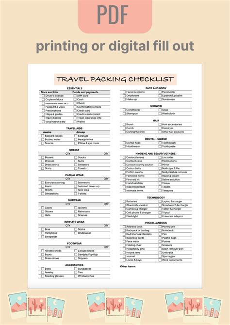 Travel List Printable