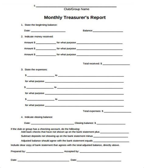 Treasurer Report Template Word