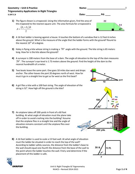 Trigonometric Ratios Word Problems Answer Sheet PDF