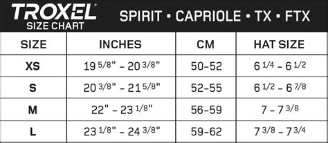 Troxel Helmet Size Chart