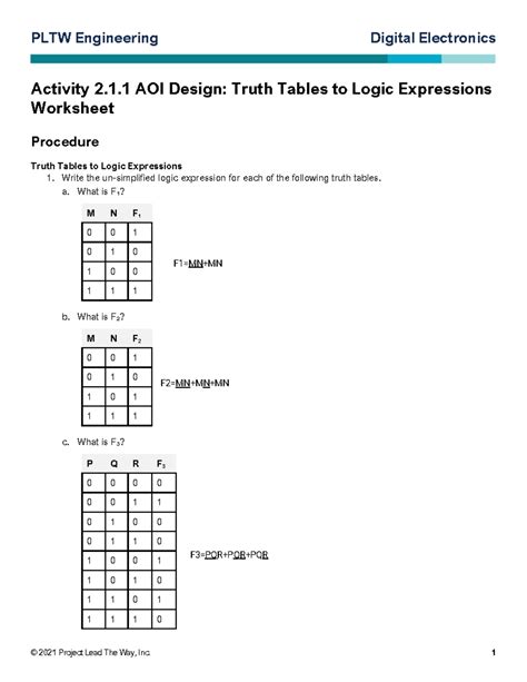 Truth Tables And Logic Expressions Pltw Answers Reader