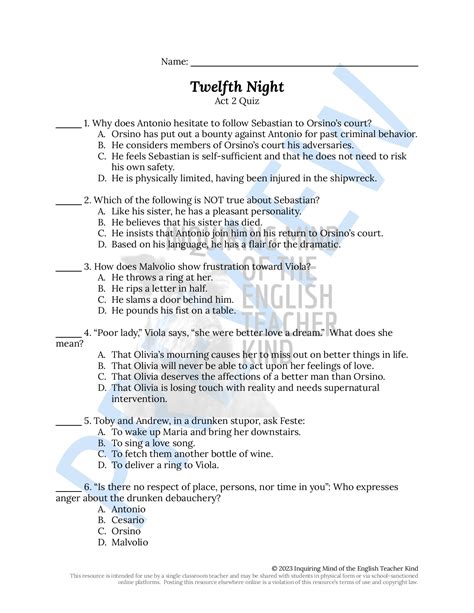 Twelfth Night Questions And Answer Key Reader