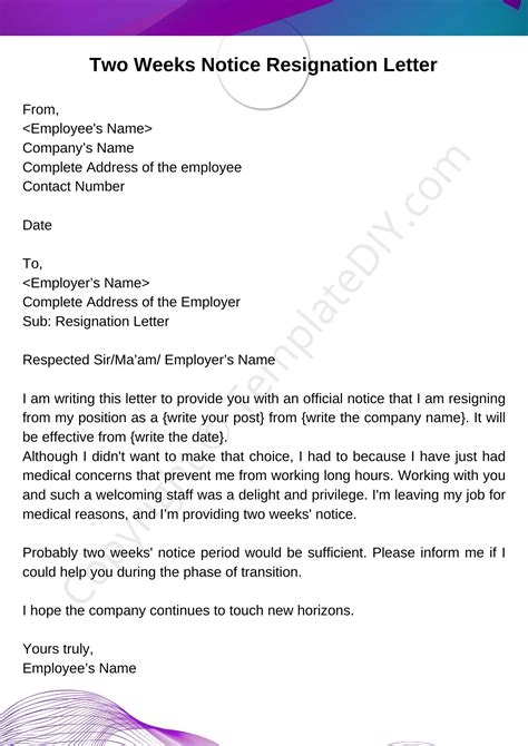 Two Weeks Resignation Letter Template