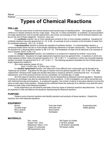 Types Of Chemical Reactions Lab Answer Key Kindle Editon