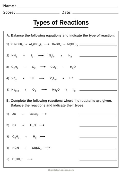 Types Of Reactions Worksheet Answer Key Doc