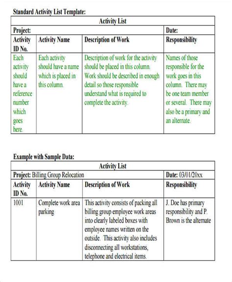 Uc Activities List Template