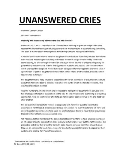 Unanswered Cries Analysis Reader