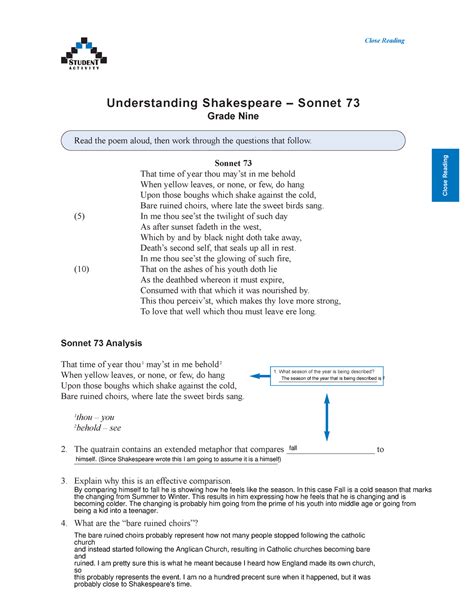 Understanding Shakespeare Sonnet 73 Grade Nine Answers Epub