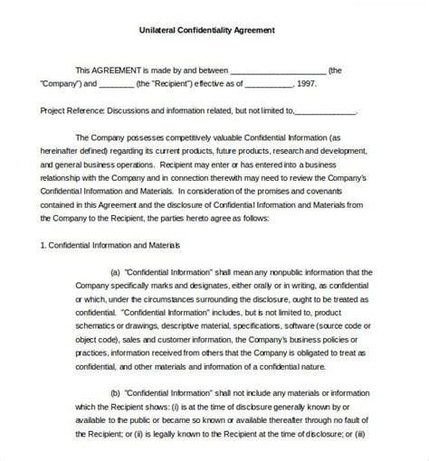 Unilateral Confidentiality Agreement: