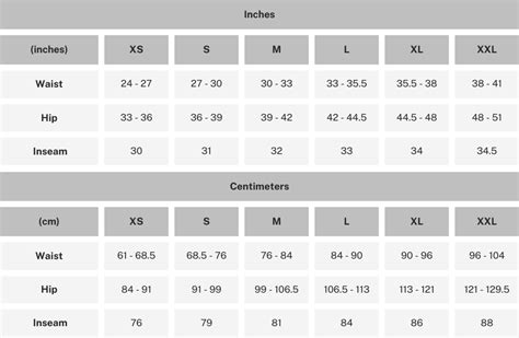 Unisex Pants Size Chart