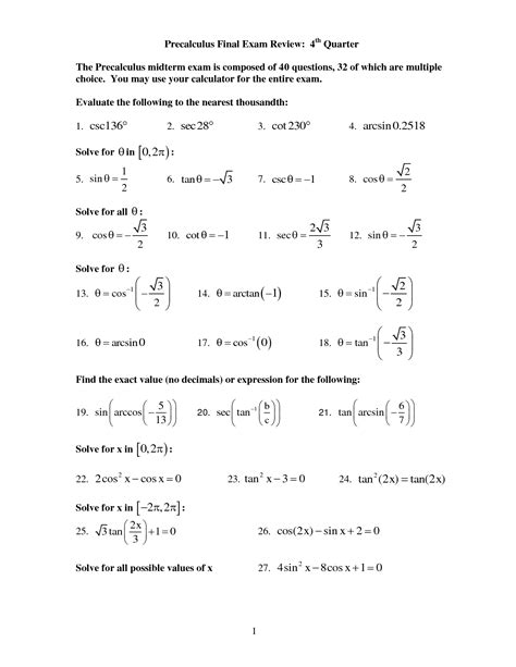 Unit 3 Pre Calculus Test Answer Key PDF