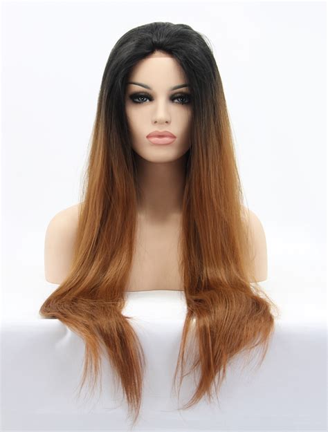 Unleash Your Inner Icon with Long Ombre/2-Tone Without Bangs 30" Lace Front Straight Synthetic Wigs