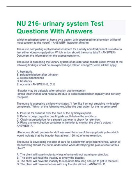 Urinary System Test Questions Answers Doc