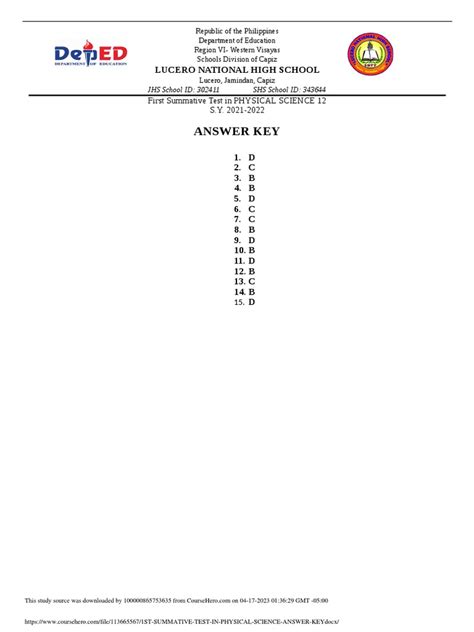 Usa Test Prep Physical Science Answer Key PDF