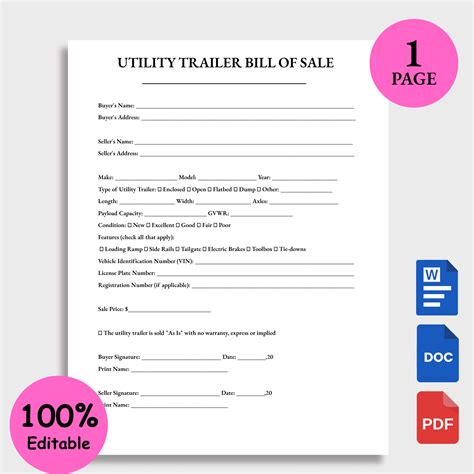 Utility Trailer Bill Of Sale Template
