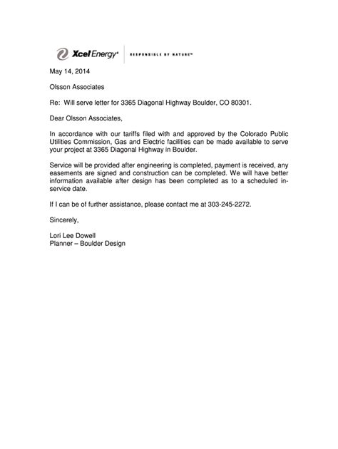 Utility Will Serve Letter Template