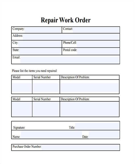 Vehicle Repair Work Order Template