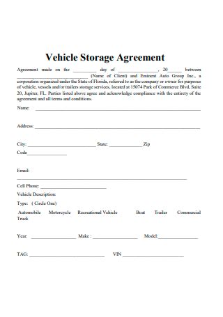 Vehicle Storage Contract Template Ebook Doc