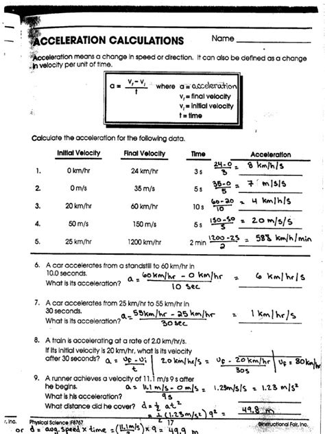 Velocity And Acceleration Calculation Answer Key PDF