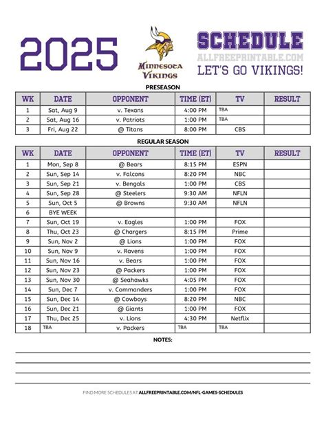 Vikings Printable Schedule