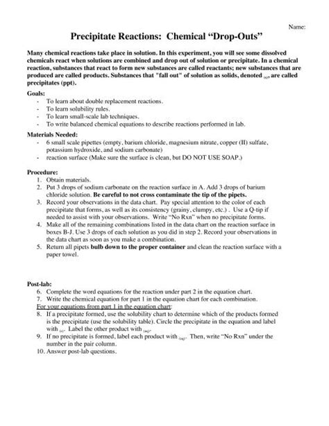 Virtual Lab Precipitation Reactions Data Sheet Answers Doc