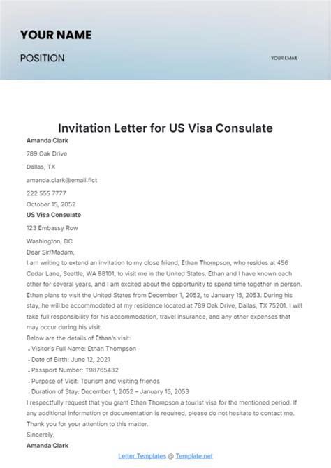 Visa Invitation Letter Template Usa
