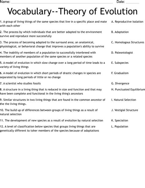 Vocabulary The Theory Of Evolution Answer Key PDF