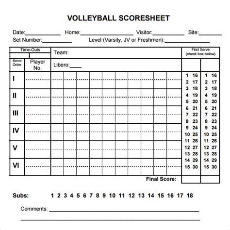 Volleyball Score Sheet Template