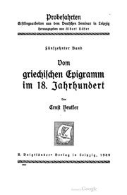 Vom Griechischen Epigramm Im 18. Jahrhundert PDF