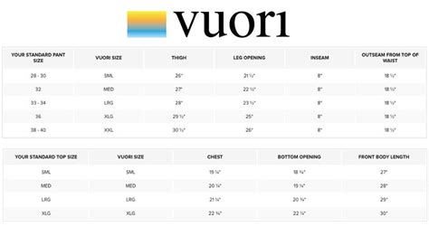 Vuori Sizing Chart