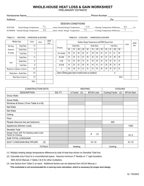 WHOLE HOUSE HEAT LOSS GAIN WORKSHEET pdf Epub