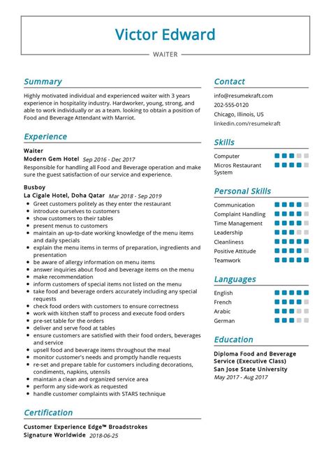 Waiter Resume Template