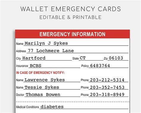 Wallet Printable Emergency Card Template