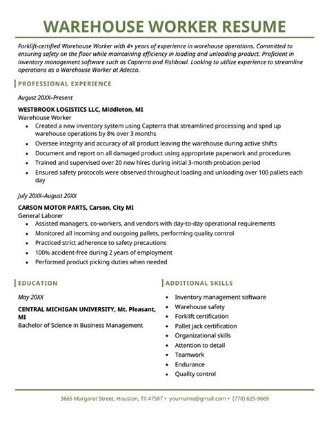 Warehouse Job Resume Template