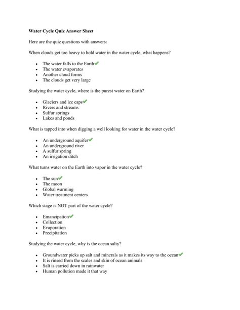 Water Cycle Foldable Questions Answer Sheet PDF