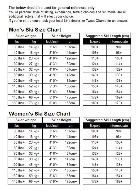 Water Skis Size Chart