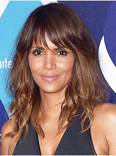 Wavy Brown Capless Shoulder Length With Bangs Halle Berry Wigs