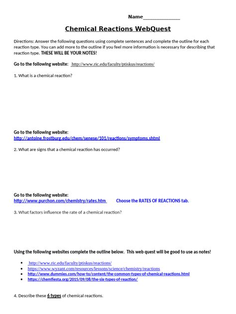 Webquest Chemical Reactions Answers Chemistry Kindle Editon