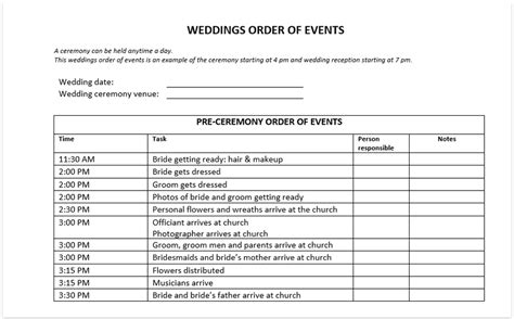 Wedding Ceremony Order Of Events Template
