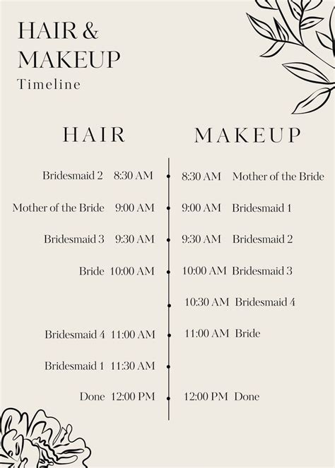 Wedding Hair And Makeup Timeline Template