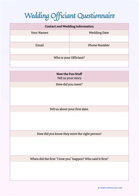 Wedding Officiant Questionnaire Template