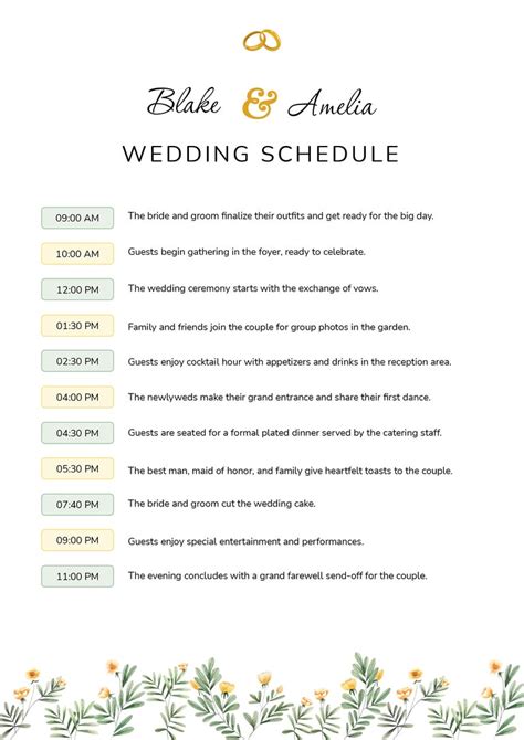 Wedding Reception Schedule Template