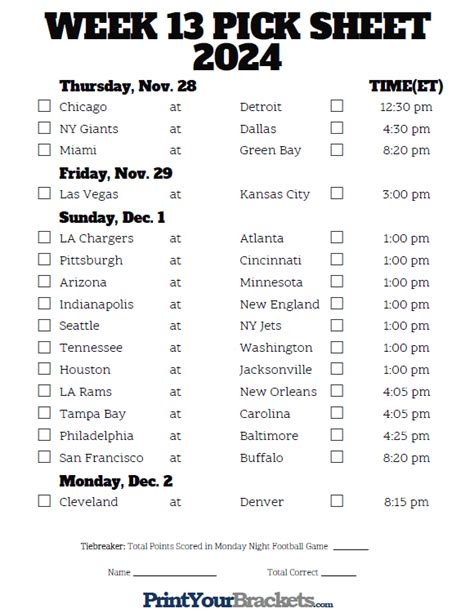 Week 13 Nfl Printable Schedule
