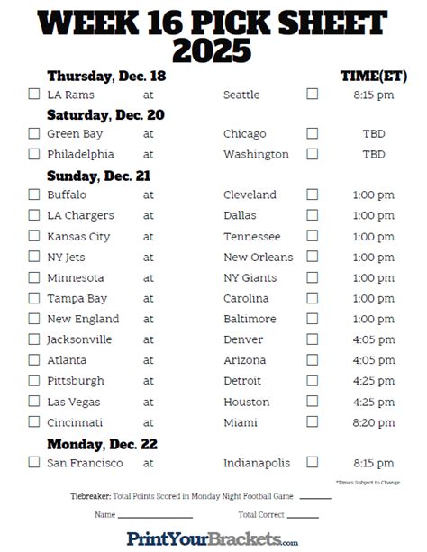 Week 16 Nfl Printable Schedule